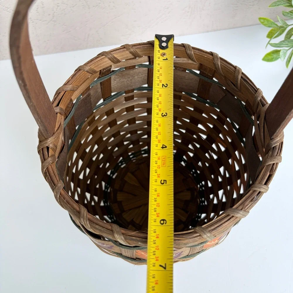 Vintage Style Woven Wood Fall Basket with Autumn Leaf Motif and Handle